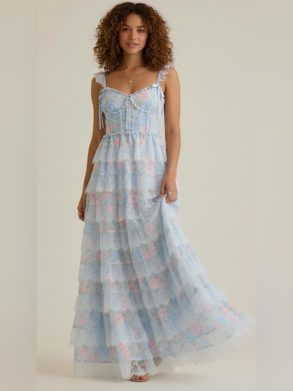 altar'd state - Light Blue Floral Lace Tiered Maxi Dress - Women